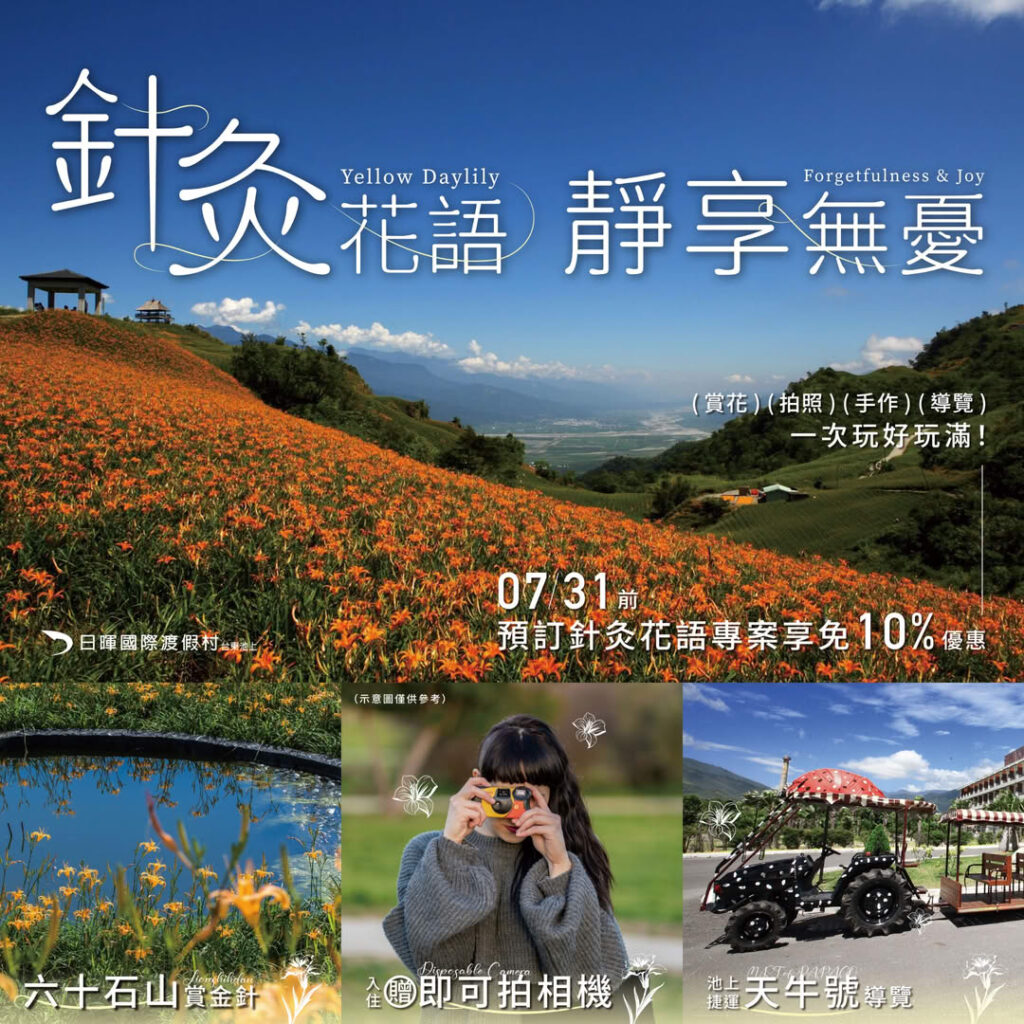 「池上金針花季開跑！日暉國際渡假村推出『針灸花語・靜享無憂』專案，帶你走進花海療癒旅行」